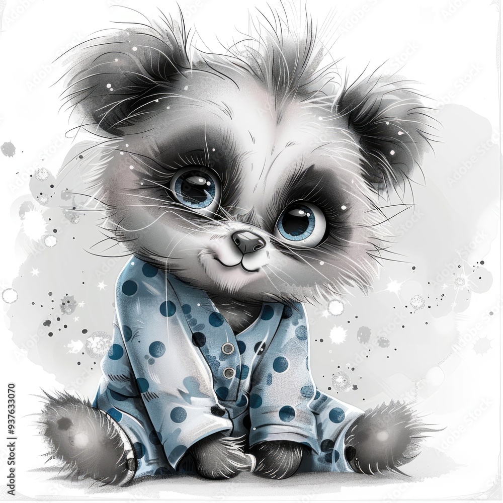 Obraz premium A baby panda with a sweet face, wearing blue pajamas and blue eyes, in a cartoon and watercolor style, isolated on a white backdrop, ideal for a cute picture or craft.