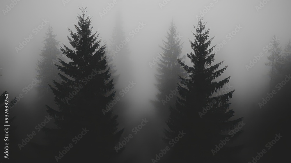 Fototapeta premium Misty Forest Trees Dark and Mysterious Foggy Landscape