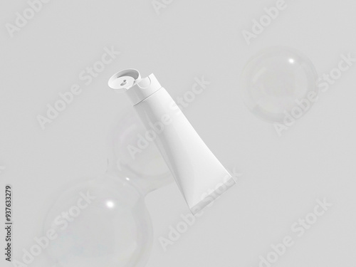 Flip cap plastic tube mockup, open flip cap cosmetology packaging mockup, empty skincare squeeze tube container image, moisturizing cream packaging floating with clean bubbles display on background