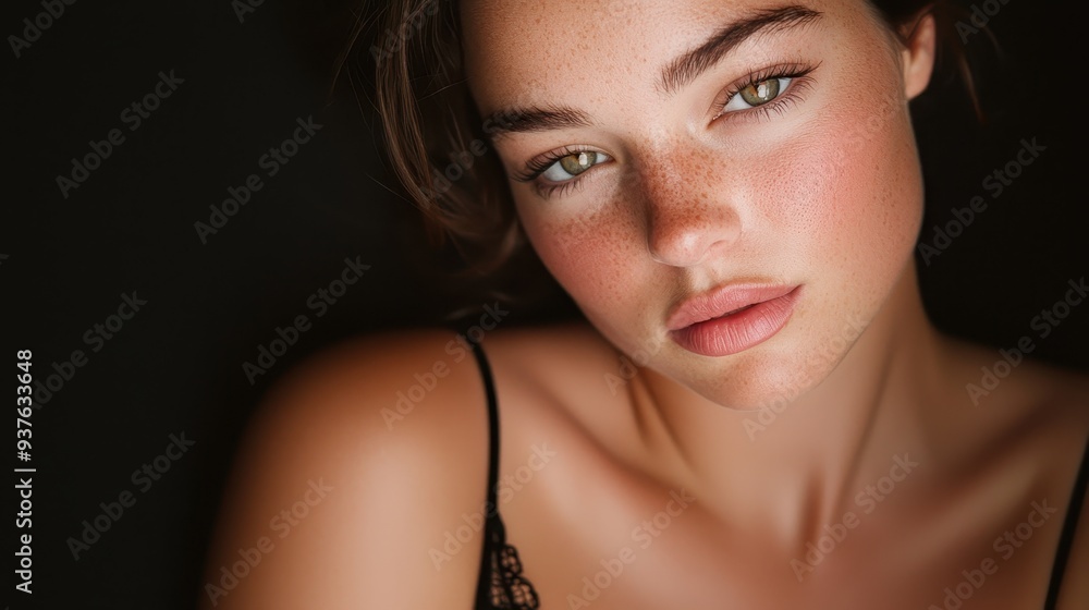 Closeup Portrait of Young Woman with Freckles and Green Eyes Closeup Portrait of Young Woman with Freckles and Green Eyes