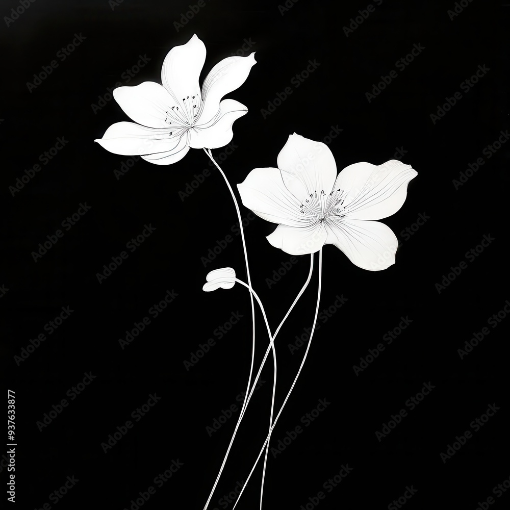 Naklejka premium White flowers draw with pencil on black background. 