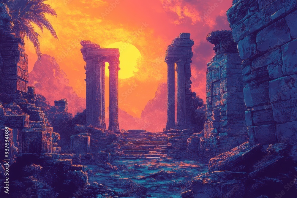 Fototapeta premium Ancient Ruins at Sunset with Palm Tree and Sun