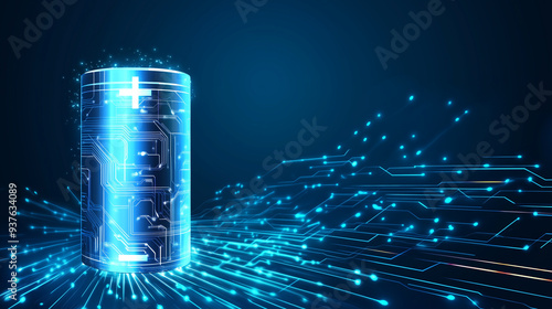 Rendering, accumulator battery with charge level indicator, power supply and electrical energy concept, futuristic technology background