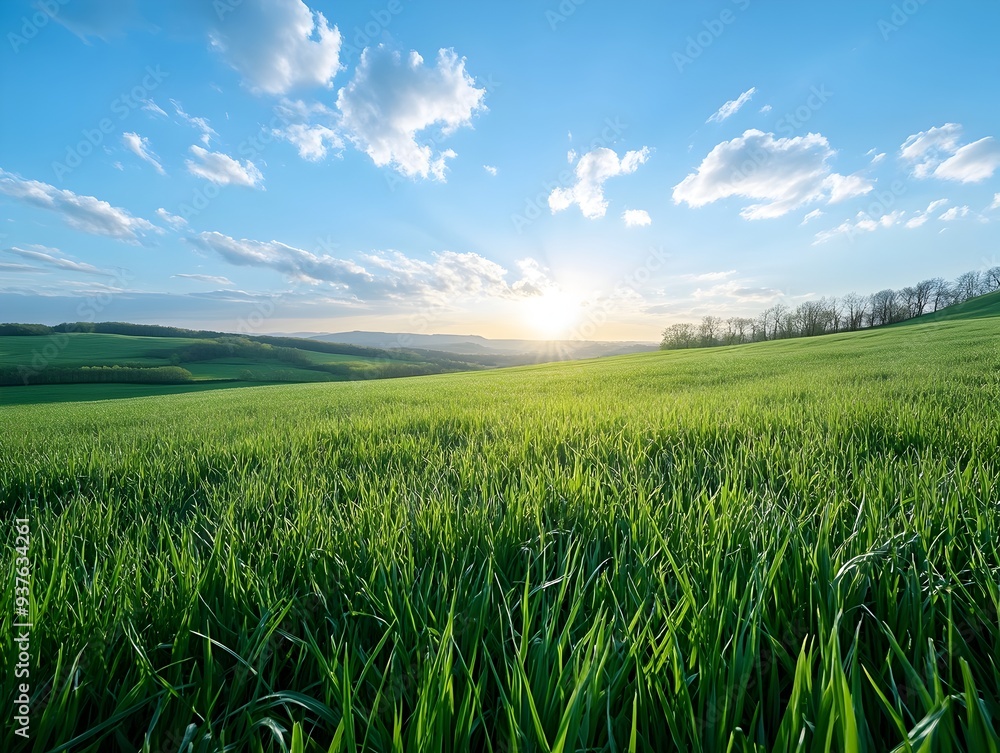Fototapeta premium Early Morning Serene Countryside Landscape with Lush Green Meadow and Dramatic Sky