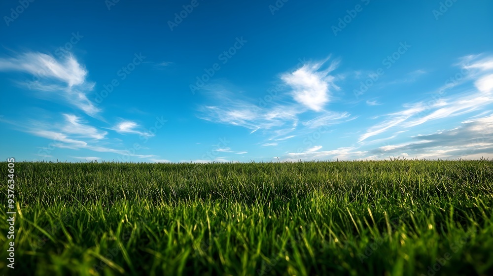 Expansive Green Meadow Under a Vibrant Blue Sky with Fluffy Clouds Expansive Green Meadow Under a Vibrant Blue Sky with Fluffy Clouds