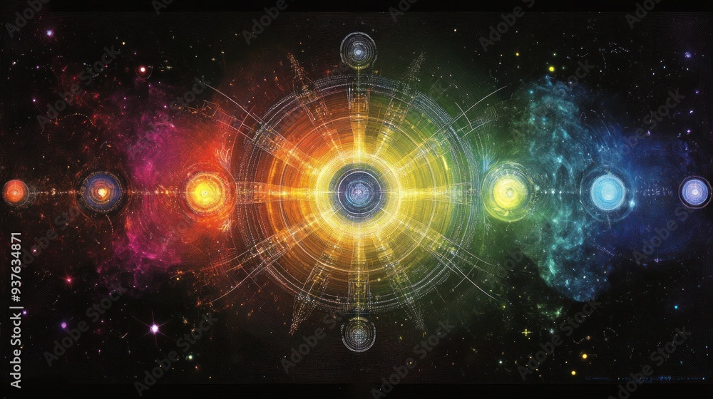 Obraz premium Abstract representation of creation, thoughts expanding in colorful, glowing pattern. Concept of prayer, mental health, healing, center.