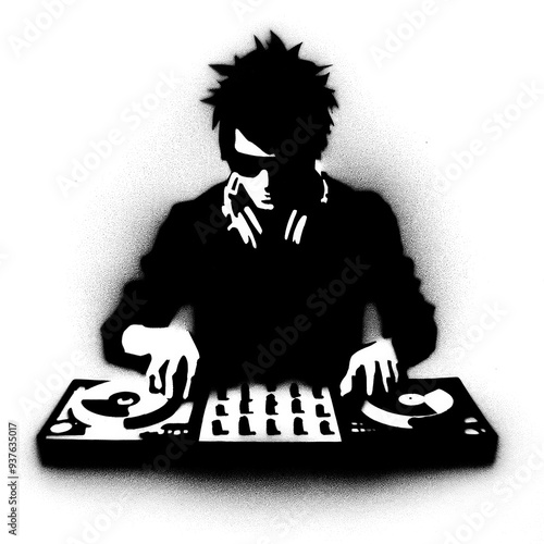 DJ in graffiti stencil-art style,black and white, generative ai