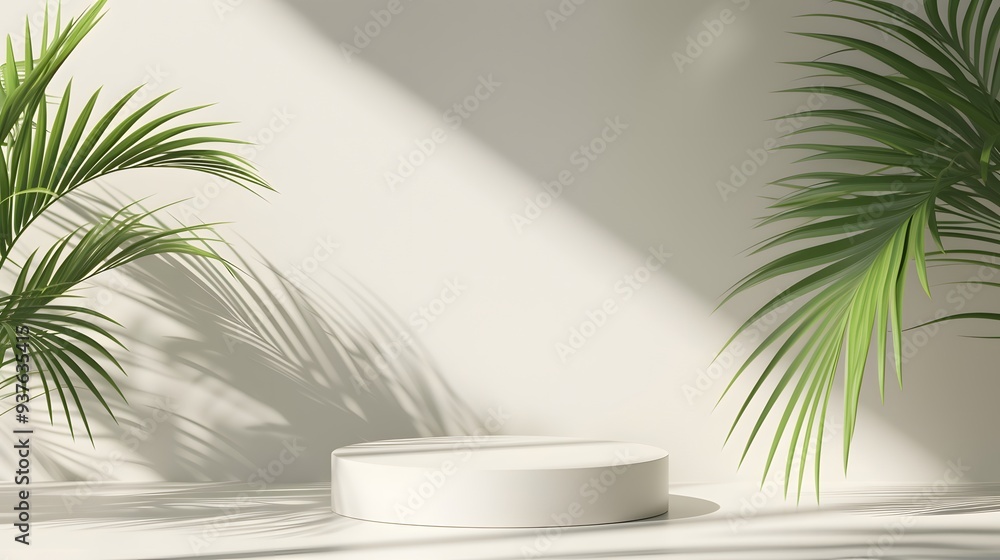 Minimal design of an empty white podium for a cosmetic product with a tropical palm leaf shadow AI generated illustration Minimal design of an empty white podium for a cosmetic product with a tropical palm leaf shadow AI generated illustration