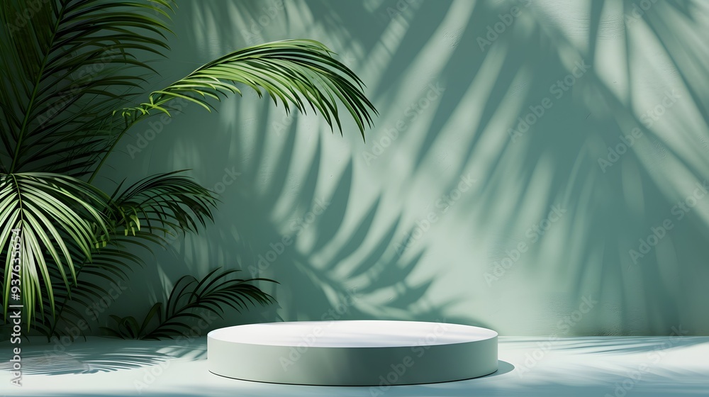 Minimalist abstract background featuring a premium empty podium bathed in the shadow of tropical palm leaves for the cosmetic product display AI generated illustration Minimalist abstract background featuring a premium empty podium bathed in the shadow of tropical palm leaves for the cosmetic product display AI generated illustration