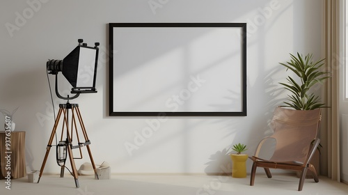 Minimalist and modern style cinema poster placed within a wooden frame AI generated illustration