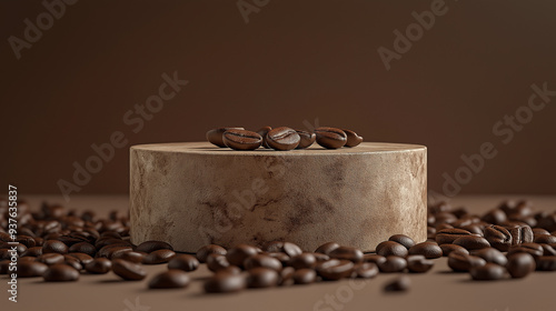 Coffee beans spread on a round podium isolated on a brown background, Product layout concept, Copy Space, 3D Rendering