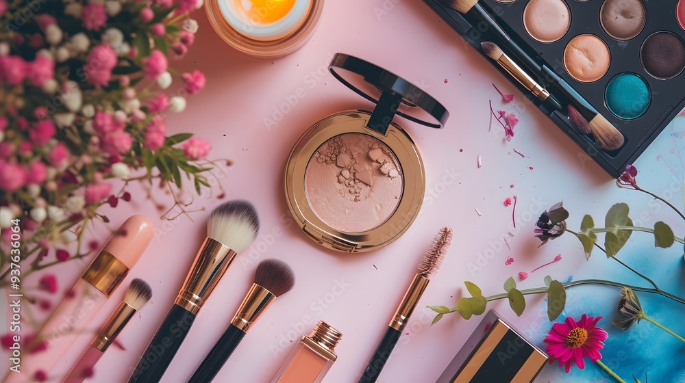 Minimalist birds eye view of a makeup vanity AI generated illustration Minimalist birds eye view of a makeup vanity AI generated illustration