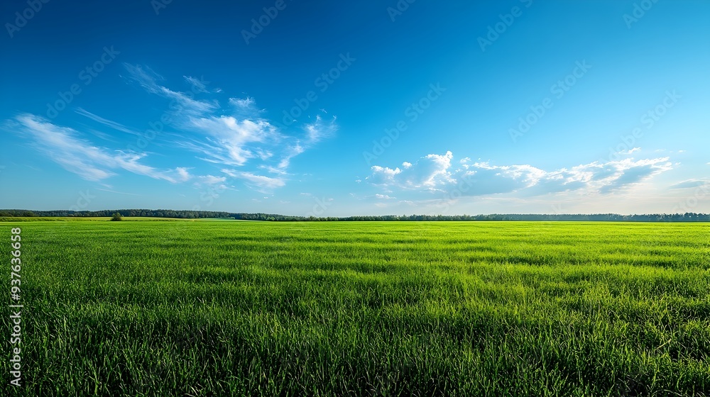 Obraz premium Expansive Green Meadow Under a Vast Blue Sky Serene Idyllic Countryside Landscape