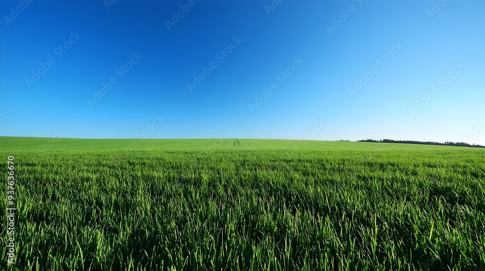 Expansive green field under a clear blue sky at sunrise or sunset Expansive green field under a clear blue sky at sunrise or sunset