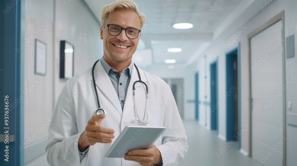 The smiling doctor with tablet. The smiling doctor with tablet.