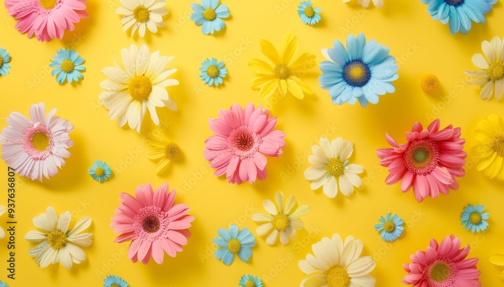 Vibrant Paper Flowers on Yellow Background Vibrant Paper Flowers on Yellow Background