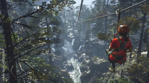 A person zip-lining through a lush forest with a waterfall in the background.