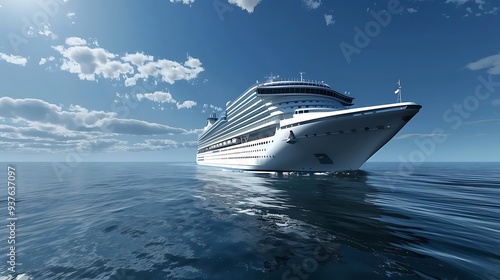 A large cruise ship sailing on calm waters under a clear blue sky.