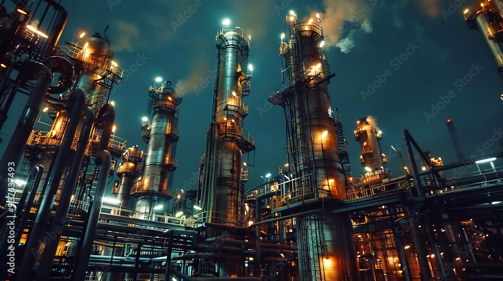 Industrial Night Landscape: Illuminated Refinery Towers Industrial Night Landscape: Illuminated Refinery Towers