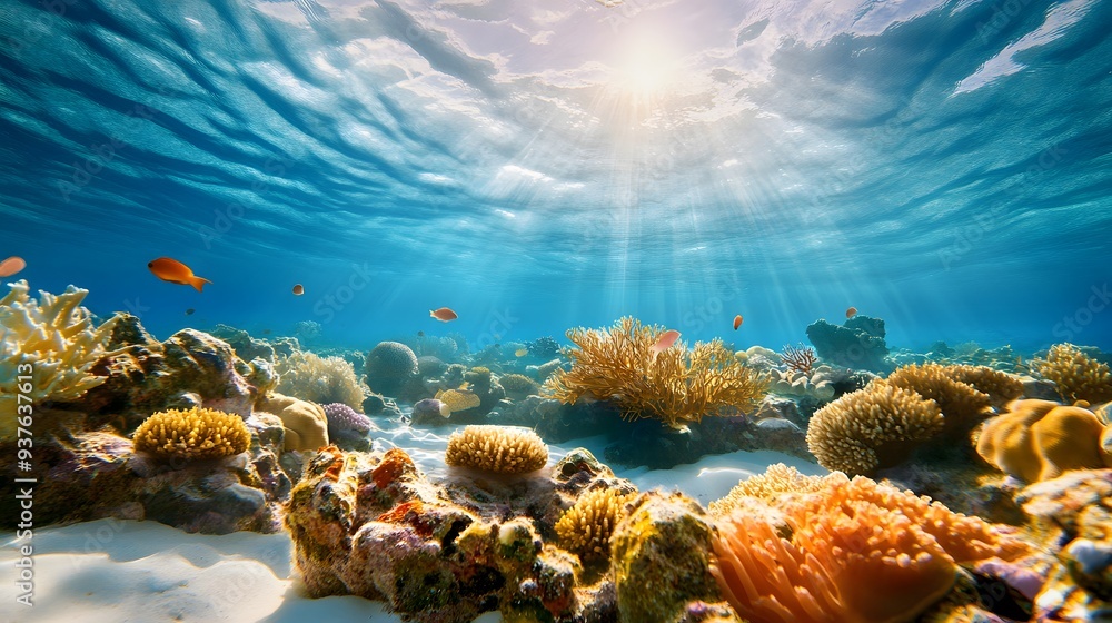 Fototapeta premium Underwater Coral Reef with Sunbeams.