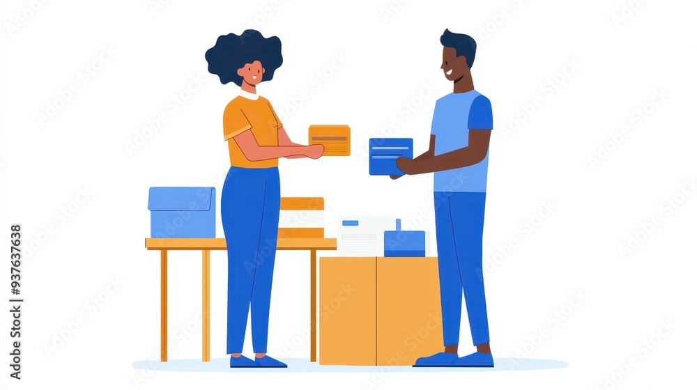 Smiling Diverse Couple Exchanging Packages at a Counter Smiling Diverse Couple Exchanging Packages at a Counter