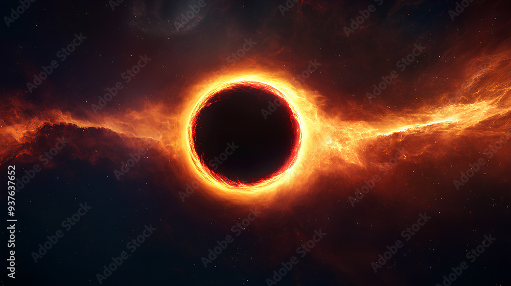 Naklejka premium black hole surrounded by a fiery accretion disk, dark, circular void, surrounded by a swirling, luminous ring of plasma and gas, ablaze with intense energy, radiating outward in fiery tendrils