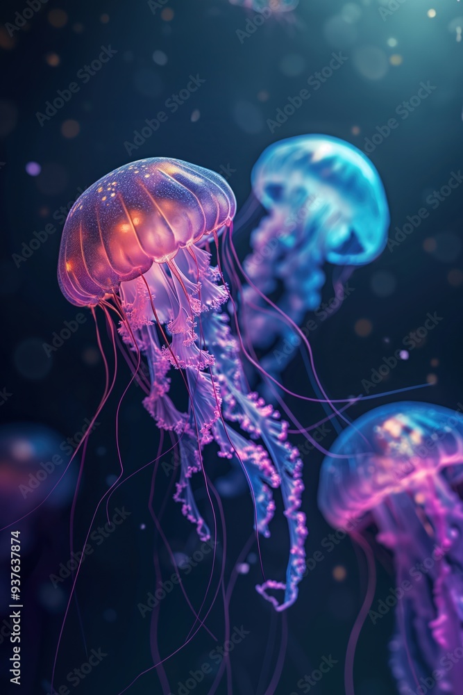 Group of jellyfish swimming in dark ocean water Group of jellyfish swimming in dark ocean water