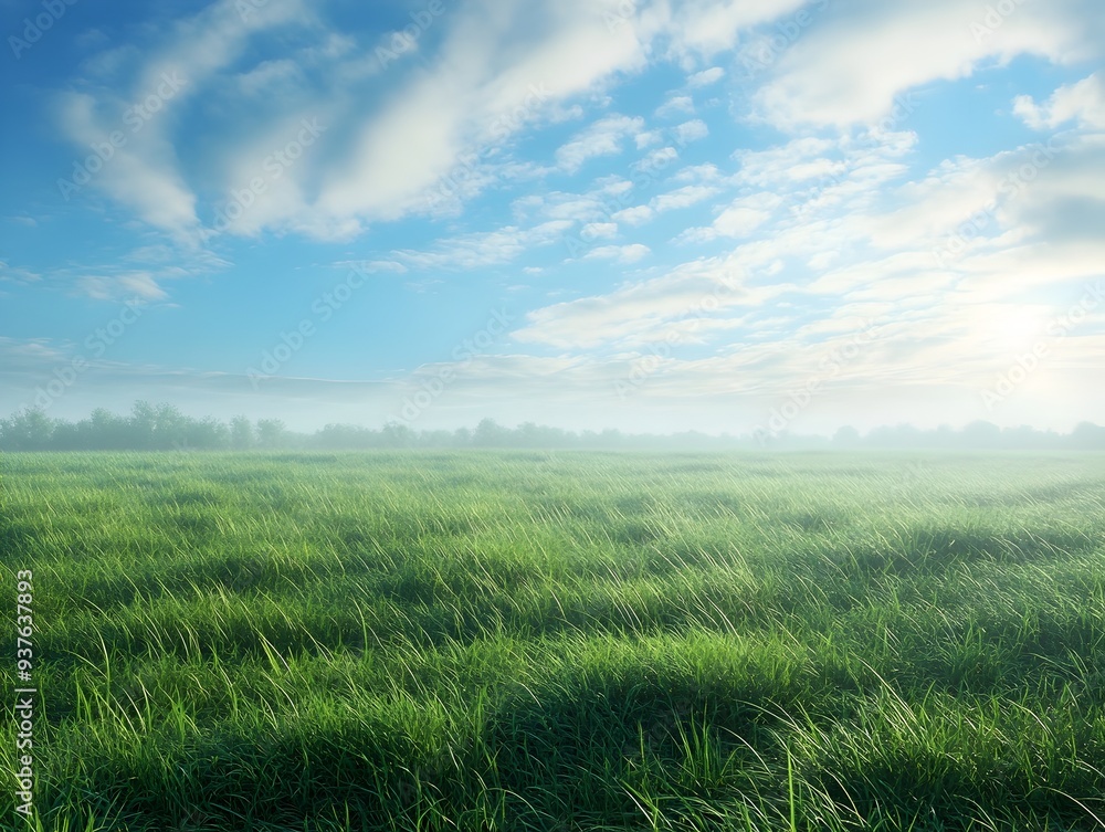 Obraz premium Early Morning Tranquil Green Meadow with Picturesque Blue Sky and Wispy Clouds