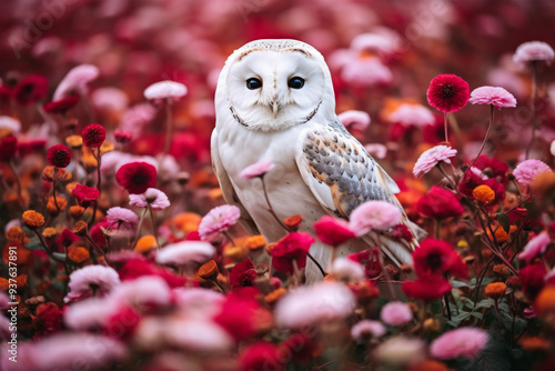 cute owl with flowers on nature background