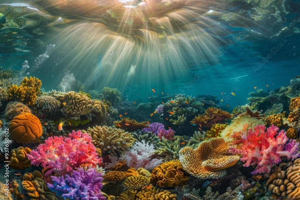 Naklejka premium Colorful underwater scene with vibrant coral reefs and sun rays. Conceptual image of marine beauty. Vibrant digital art perfect for nature lovers and environmental topics. Generative AI