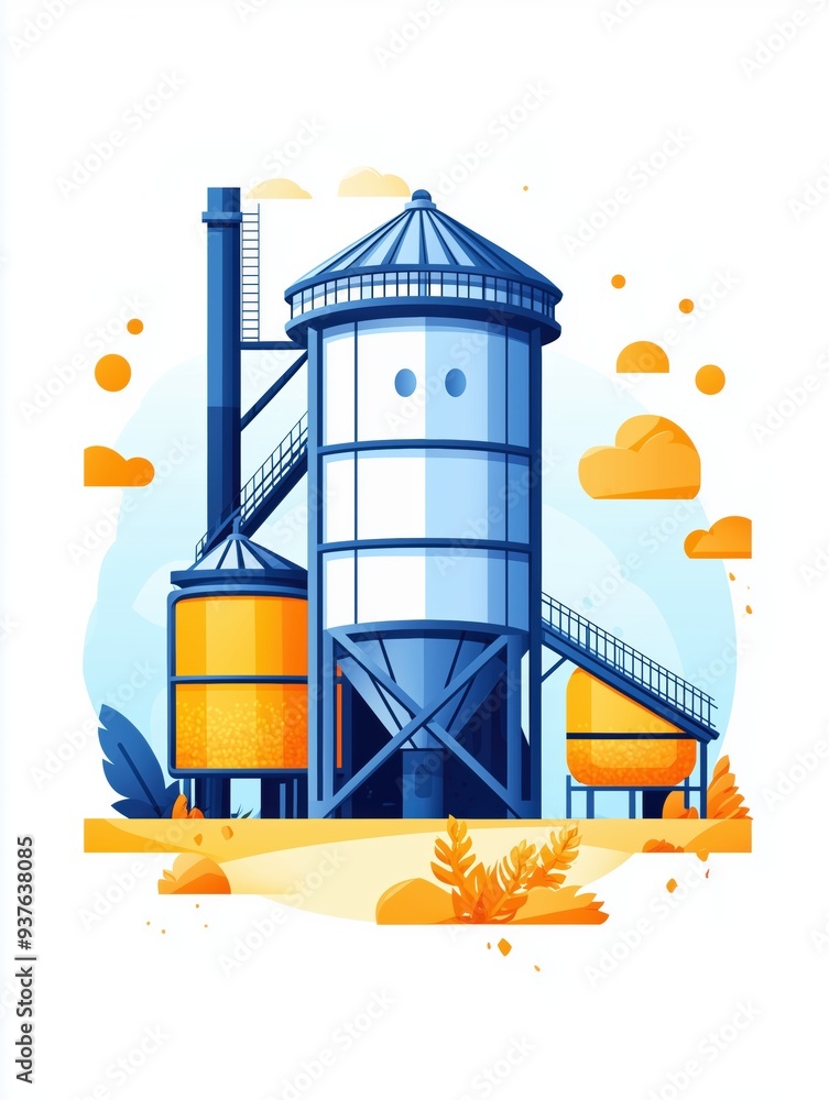 Naklejka premium Modern Flat Icon of Silo with Conveyor System | Simplified Design | Bulk Grain Storage & Transport | High-Resolution Stock Image | Agricultural Infrastructure | Contrasting Colors, Side Angle View