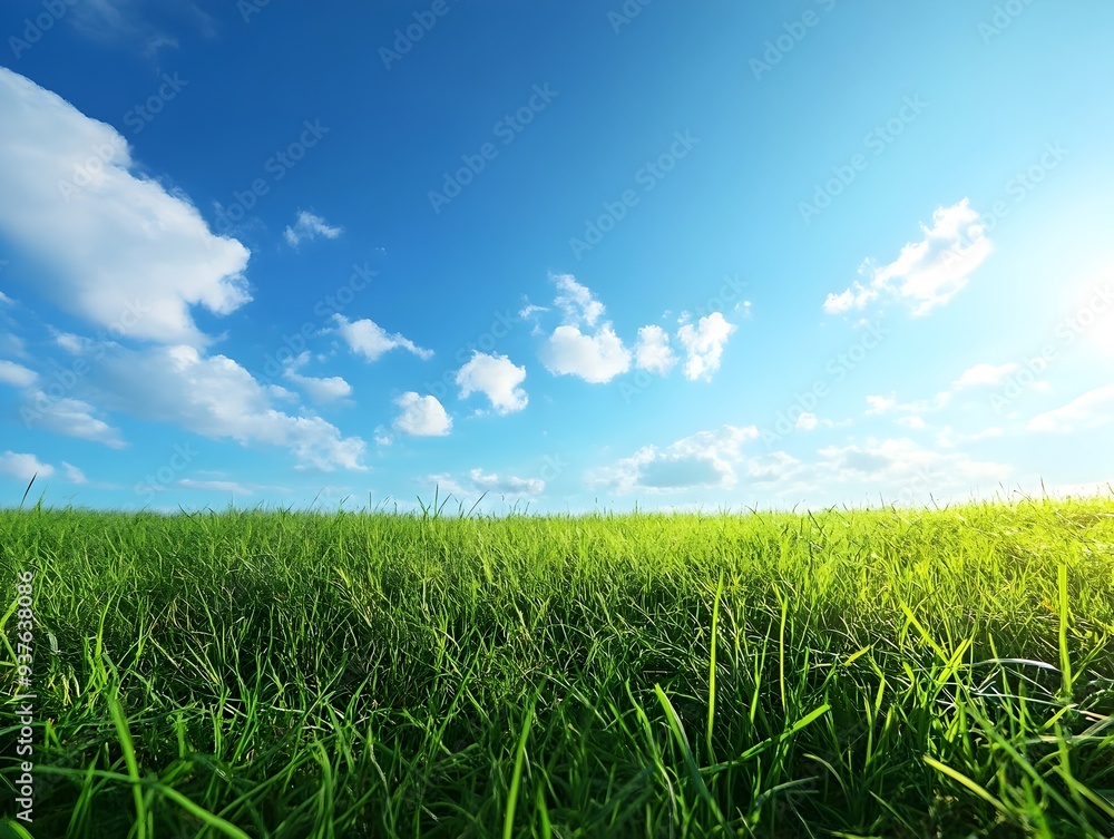 Lush Green Meadow Under Bright Blue Sky with Fluffy White Clouds Lush Green Meadow Under Bright Blue Sky with Fluffy White Clouds