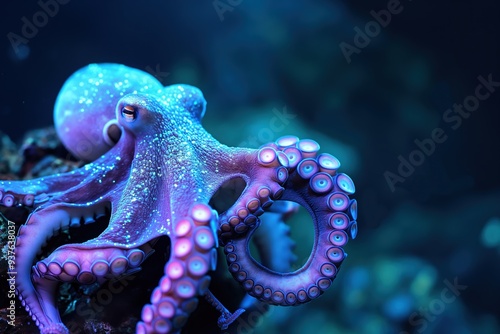 Giant pacific octopus exploring a vibrant coral reef