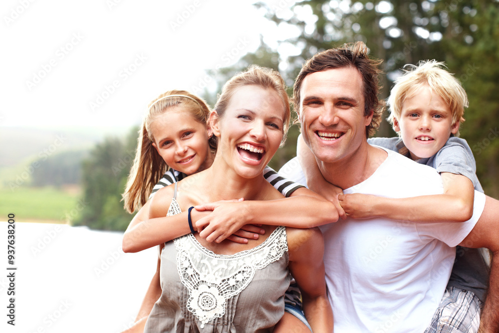 Family, piggyback and laugh in outdoor portrait, lake holiday and bonding together on weekend trip. Parents, children and carrying kids for support on vacation, love and smile for fun by river water Family, piggyback and laugh in outdoor portrait, lake holiday and bonding together on weekend trip. Parents, children and carrying kids for support on vacation, love and smile for fun by river water