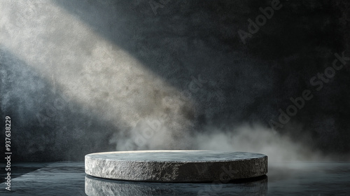 Stone pedestal on water with sophisticated smoke. Perfect for product presentation and display. Cosmetics and beauty for men. Strength