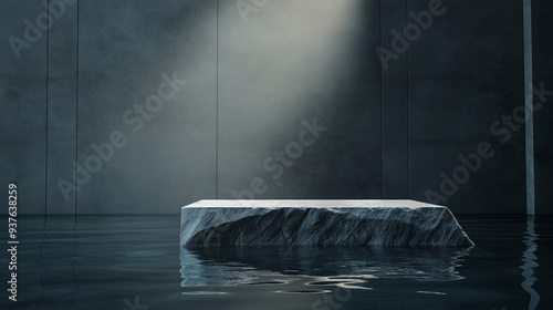 Stone pedestal on water with sophisticated smoke. Perfect for product presentation and display. Cosmetics and beauty for men. Strength
