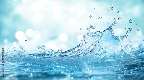 Dynamic water wave at the top of the frame with a splash effect, sending bubbles upwards in a calm and refreshing scene photo