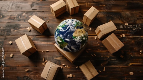 globe surrounded by cardboard boxes