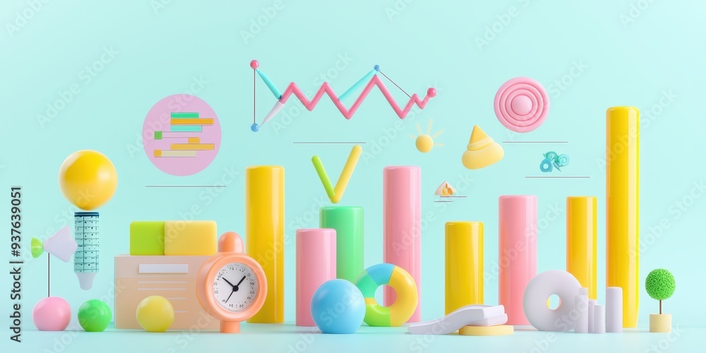 D Colorful Abstract Shapes  Geometric Shapes  Bar Charts  Clock  Minimalist Background  Graphic Design
