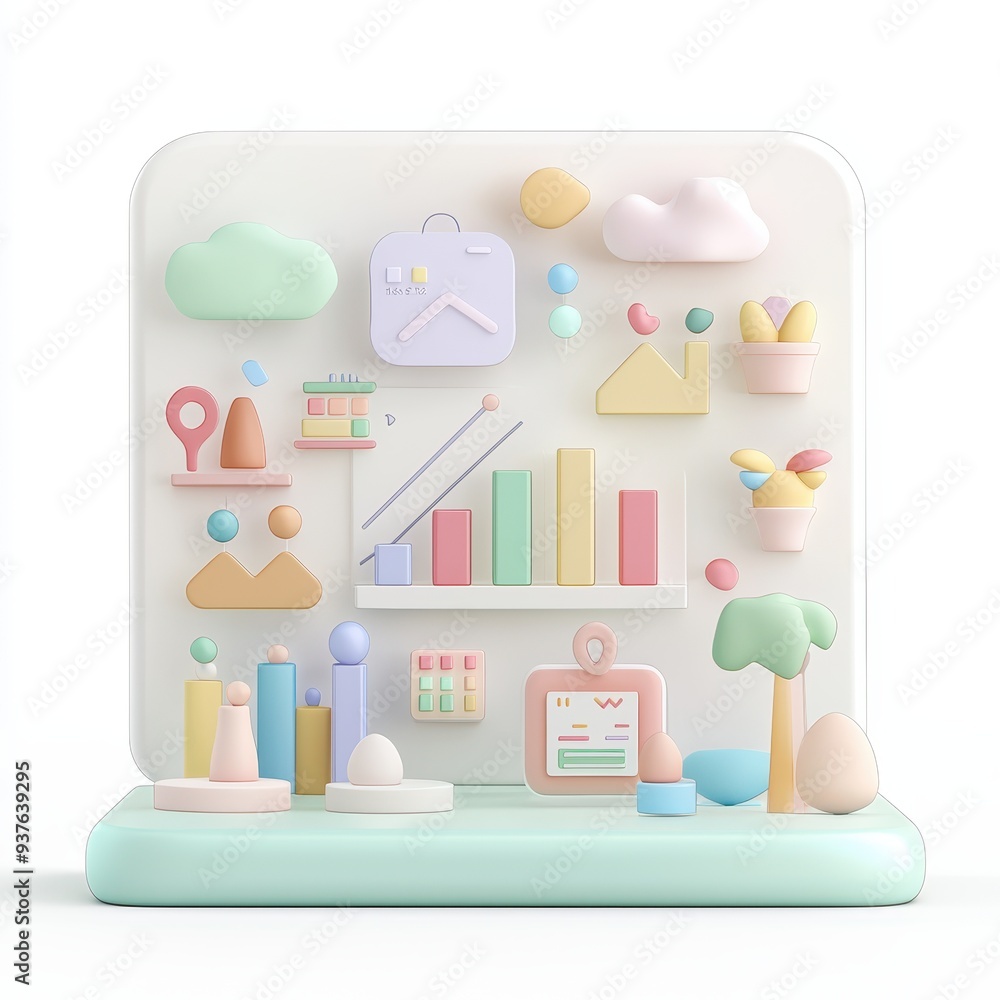 Colorful  D Geometric Shapes and Icons on White Background