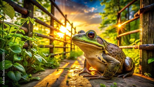 A photograph of a banded bullfrog near a rustic farm gate, surrounded by greenery, bathed in a warm sunbeam, evokes tranquility and sensory connection with nature. photo