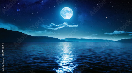 night sky with full moon ove ocean photo