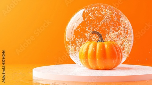 Pumpkins stage with display podium. Autumn 3D design template for banner, advertisement mockup for Halloween or Thanksgiving. photo