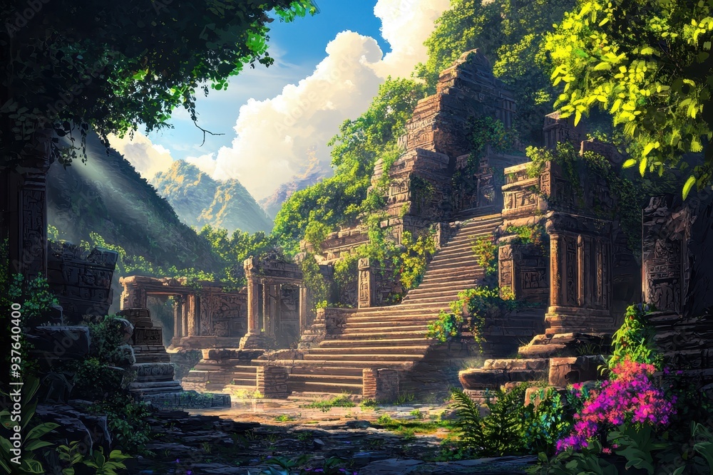 Obraz premium Ancient Stone Temple Ruins Overgrown with Lush Greenery