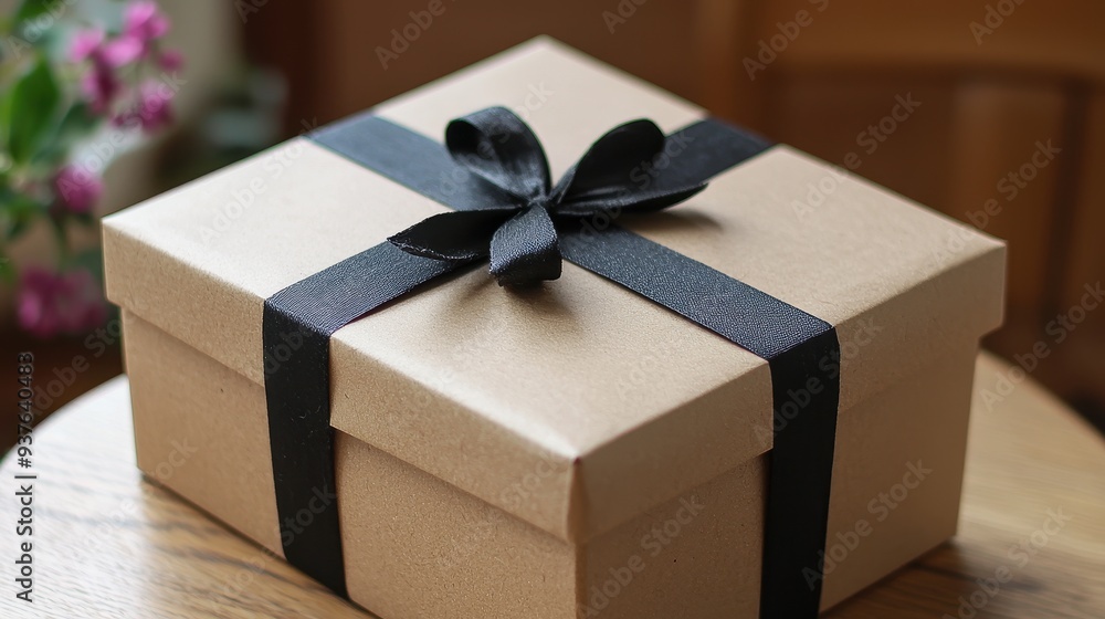 Beautifully Wrapped Gift Box with Elegant Black Ribbon Beautifully Wrapped Gift Box with Elegant Black Ribbon