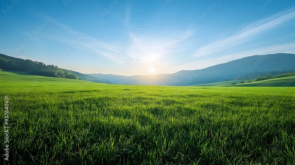 Fototapeta premium Early Morning Serenity in a Vast Green Meadow with Clear Mountain Backdrop