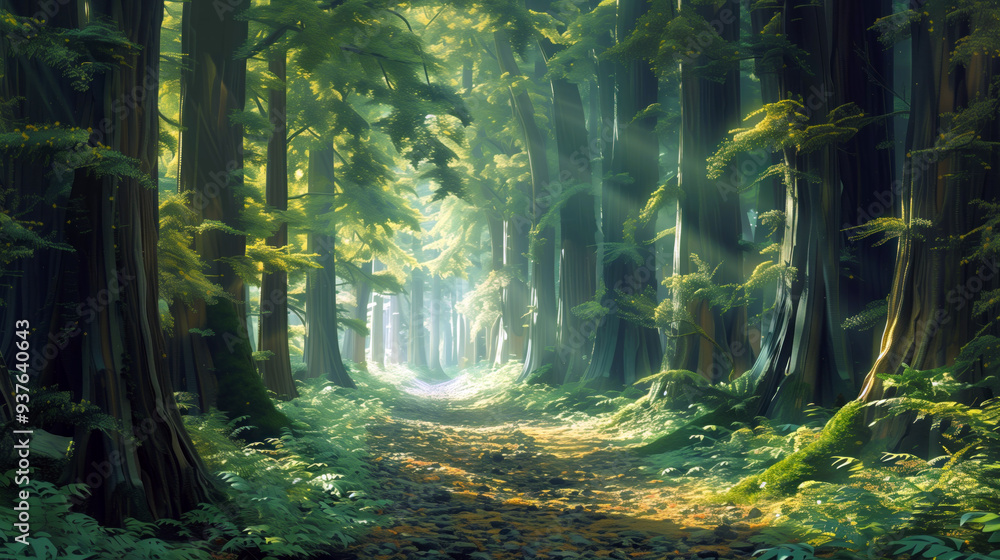 Sunbeams illuminating hiking trail through lush green forest Sunbeams illuminating hiking trail through lush green forest