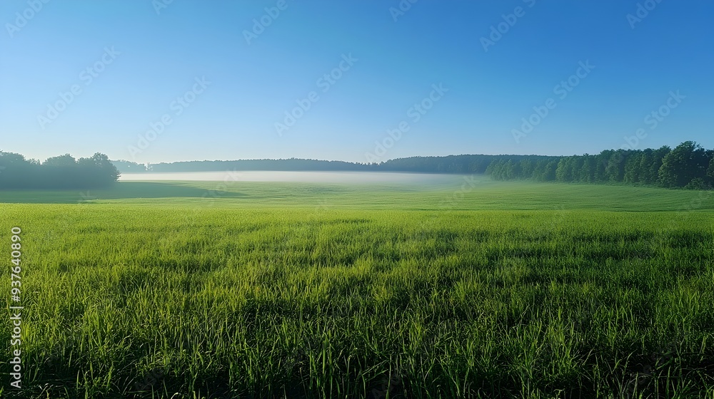 Stunning early morning vista of serene green meadow under clear blue sky Stunning early morning vista of serene green meadow under clear blue sky