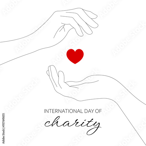 International Day of Charity. Hands and heart. Line art, one line. Hand drawn minimalist vector illustration
