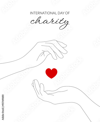International Day of Charity. Hands and heart. Line art, one line. Hand drawn minimalist vector illustration
